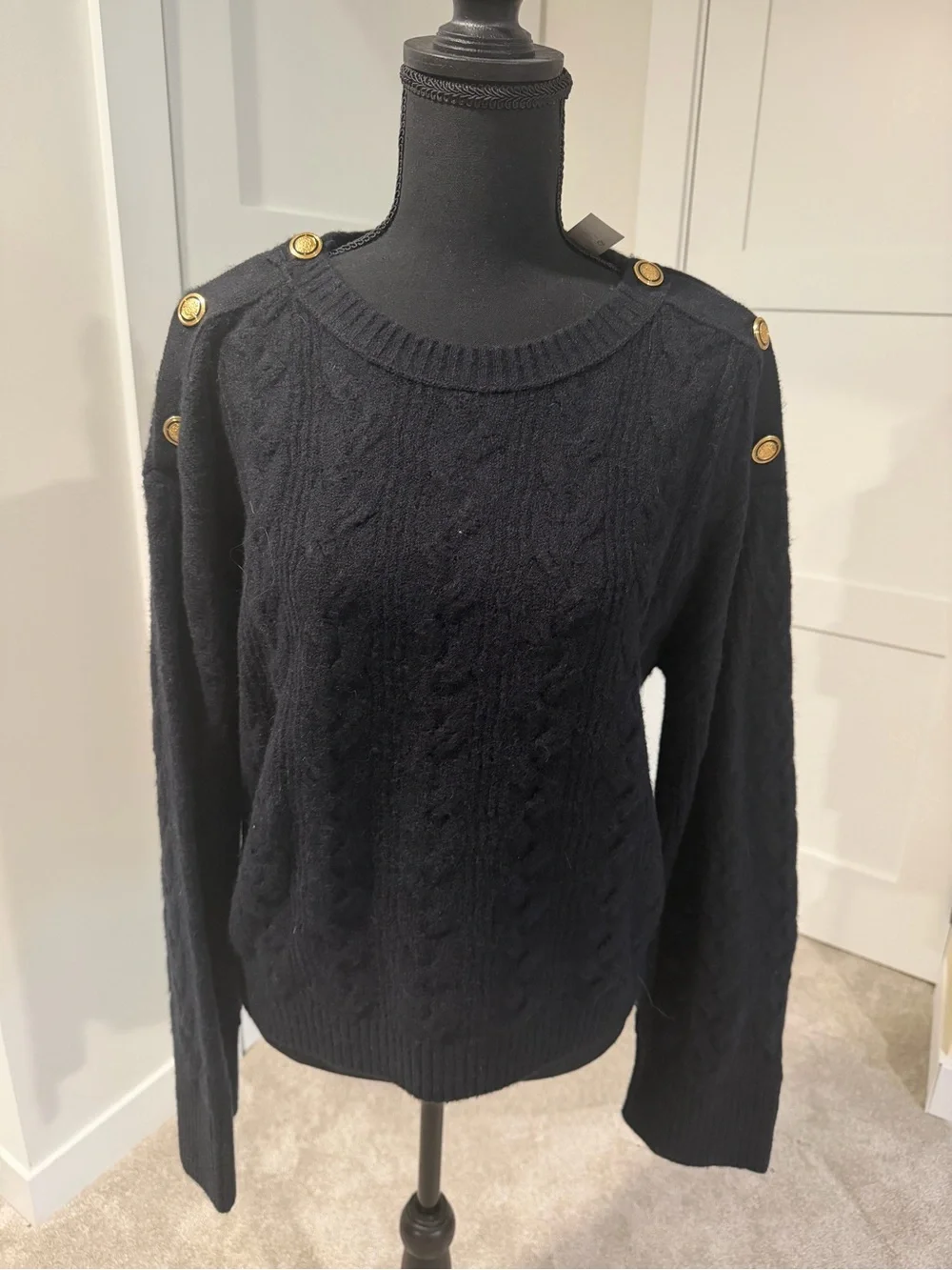 J. Crew Black Cable-Knit Crew Sweater with Gold Buttons